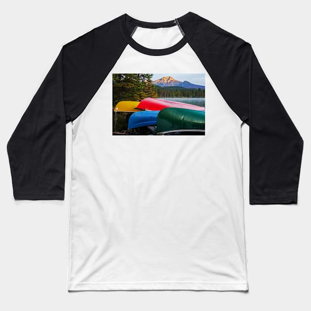 Canoes on Cavell Lake Jasper National Park Alberta Canada Pyramid Mountain Baseball T-Shirt by WayneOxfordPh